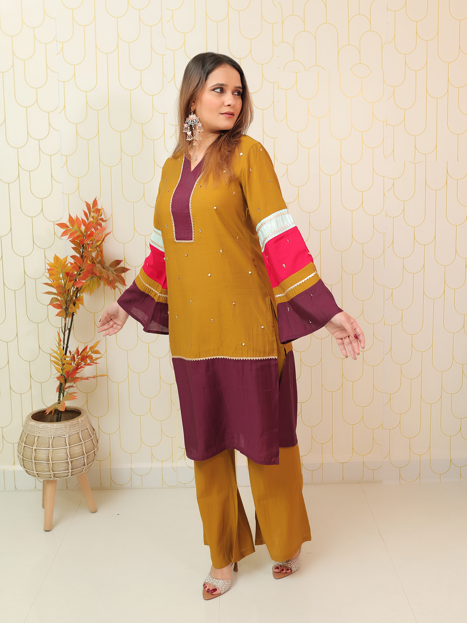 Mustard Wine Kurta Set