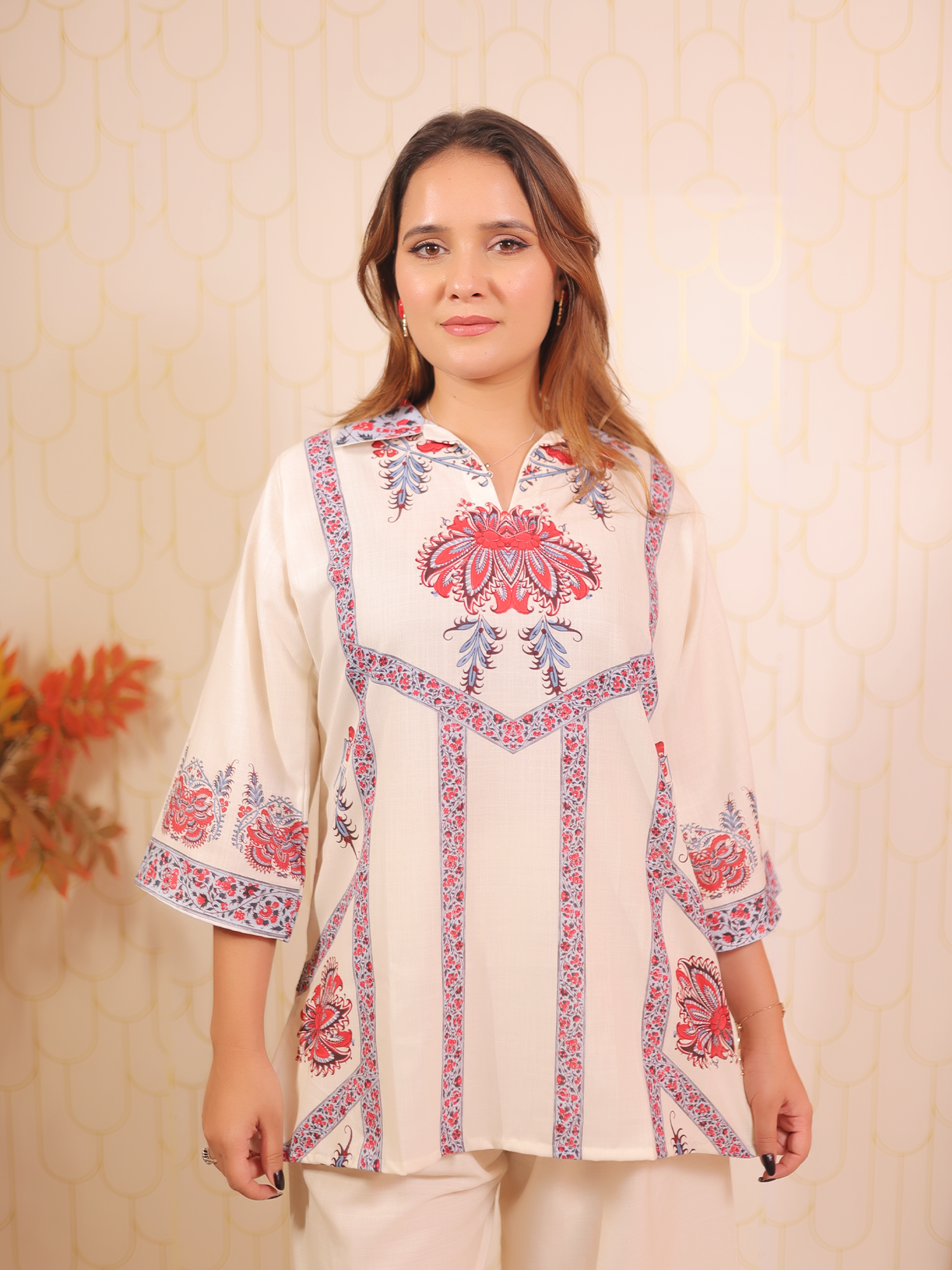 Off White Collar Print Co-ord Set