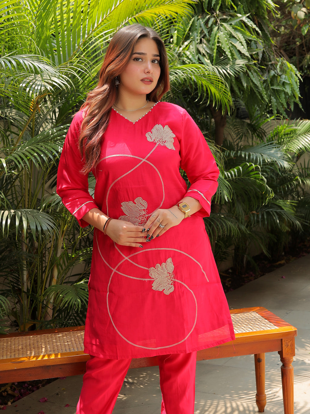 Fuschia Pink Embroidery Co-ord Set