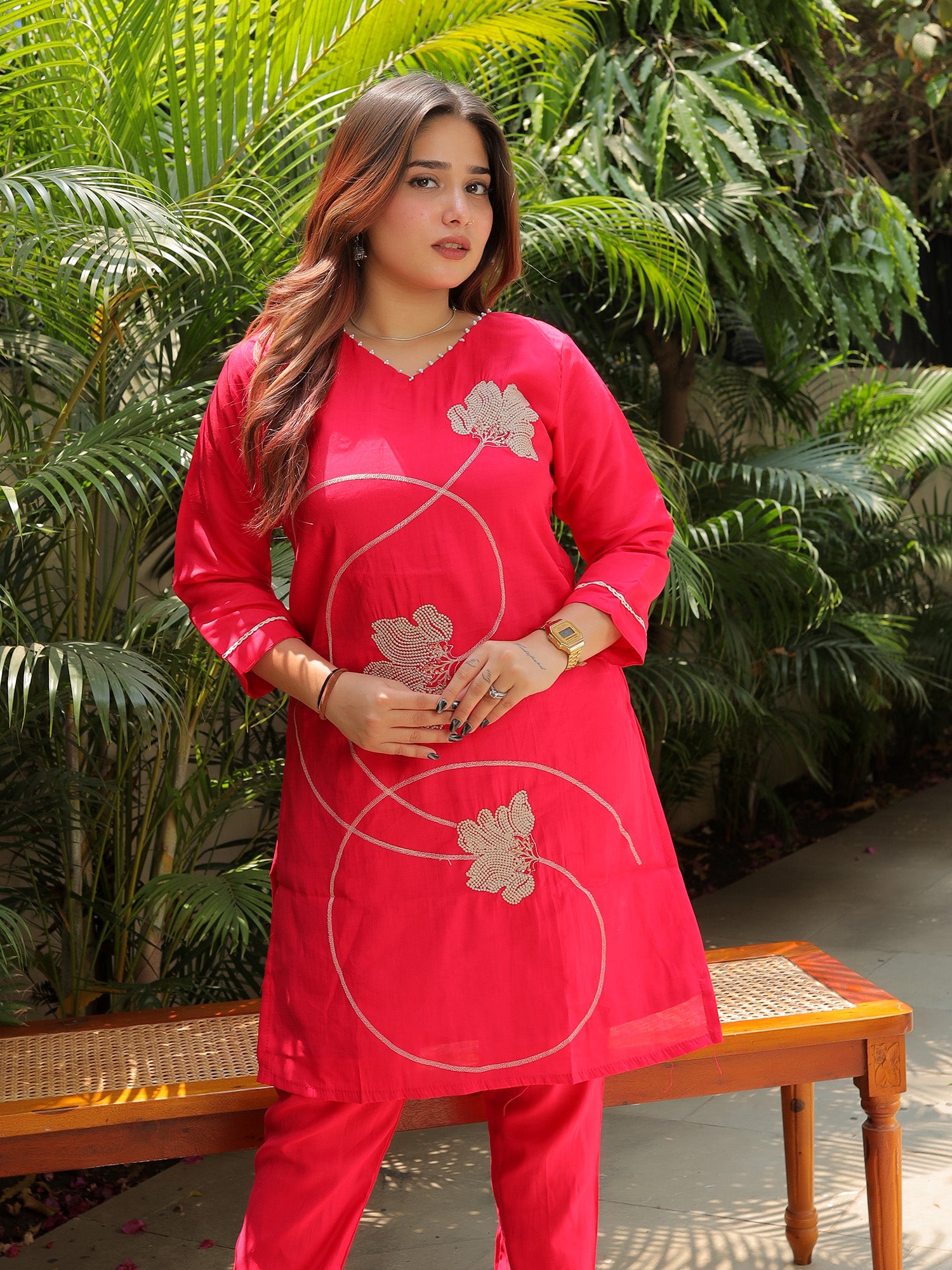 Fuschia Pink Embroidery Co-ord Set