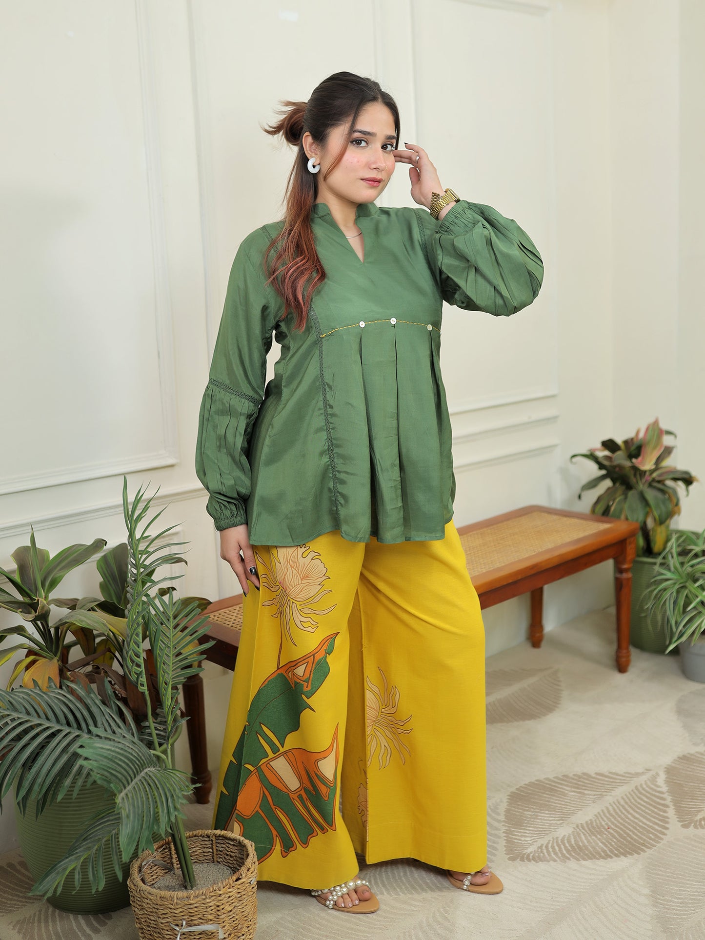 Green yellow peplum Set