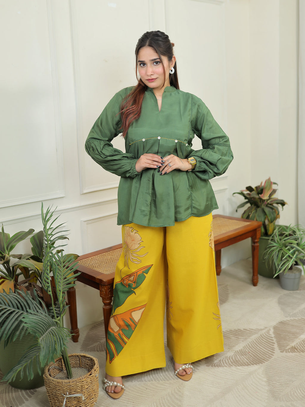 Green yellow peplum Set