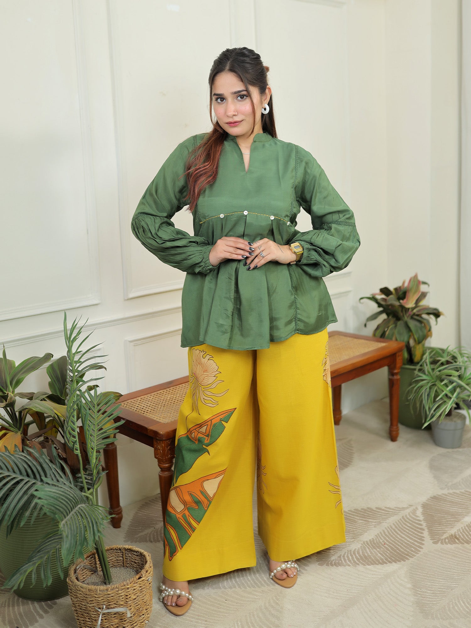 Green yellow peplum Set