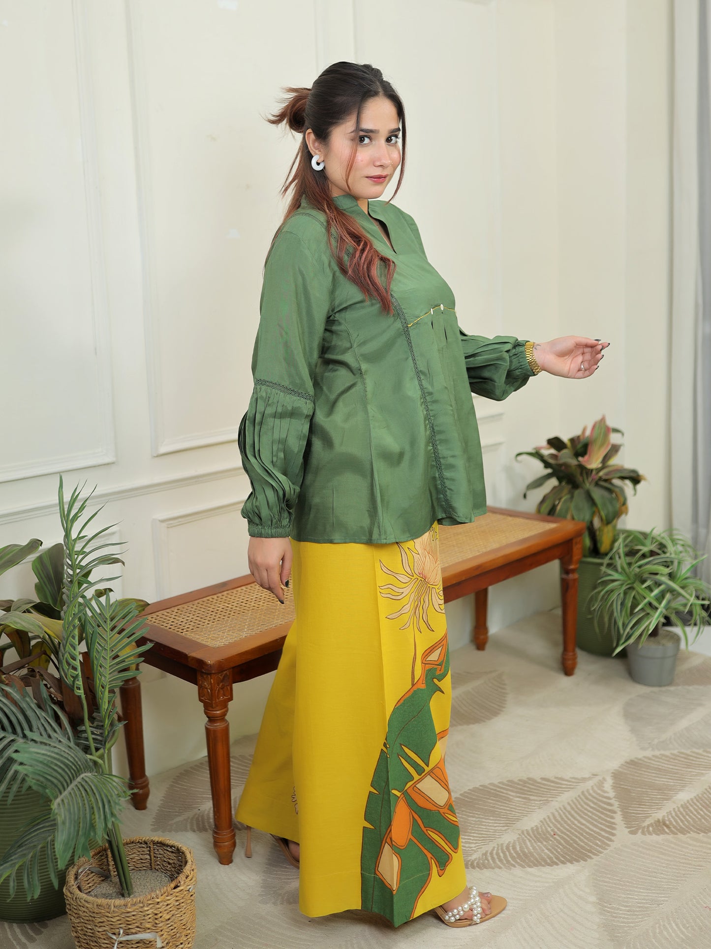 Green yellow peplum Set