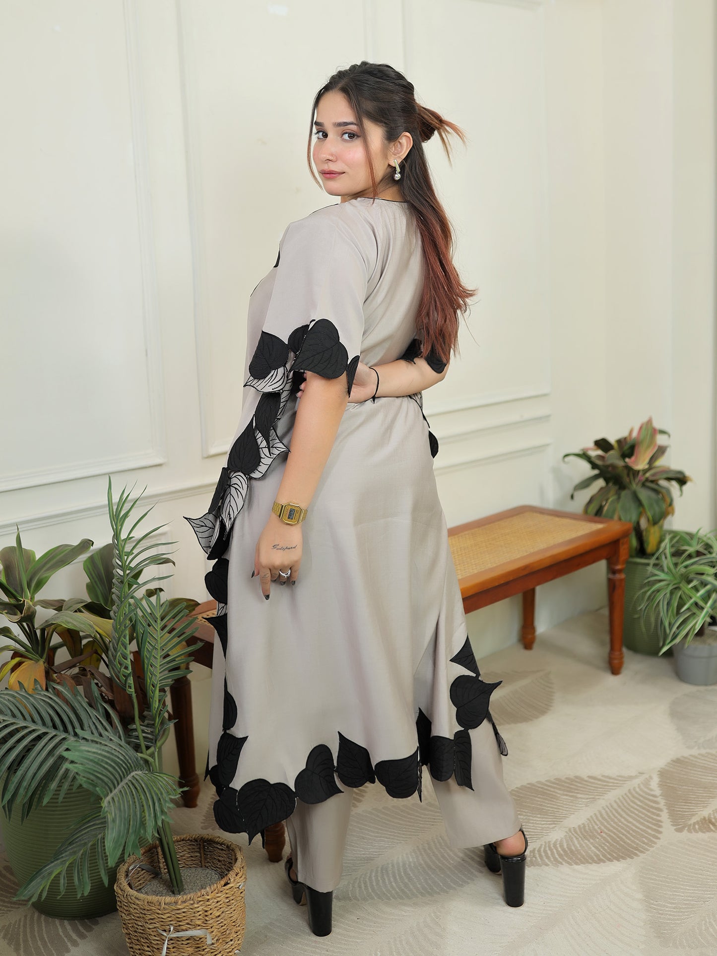 Grey leaf kaftan Set
