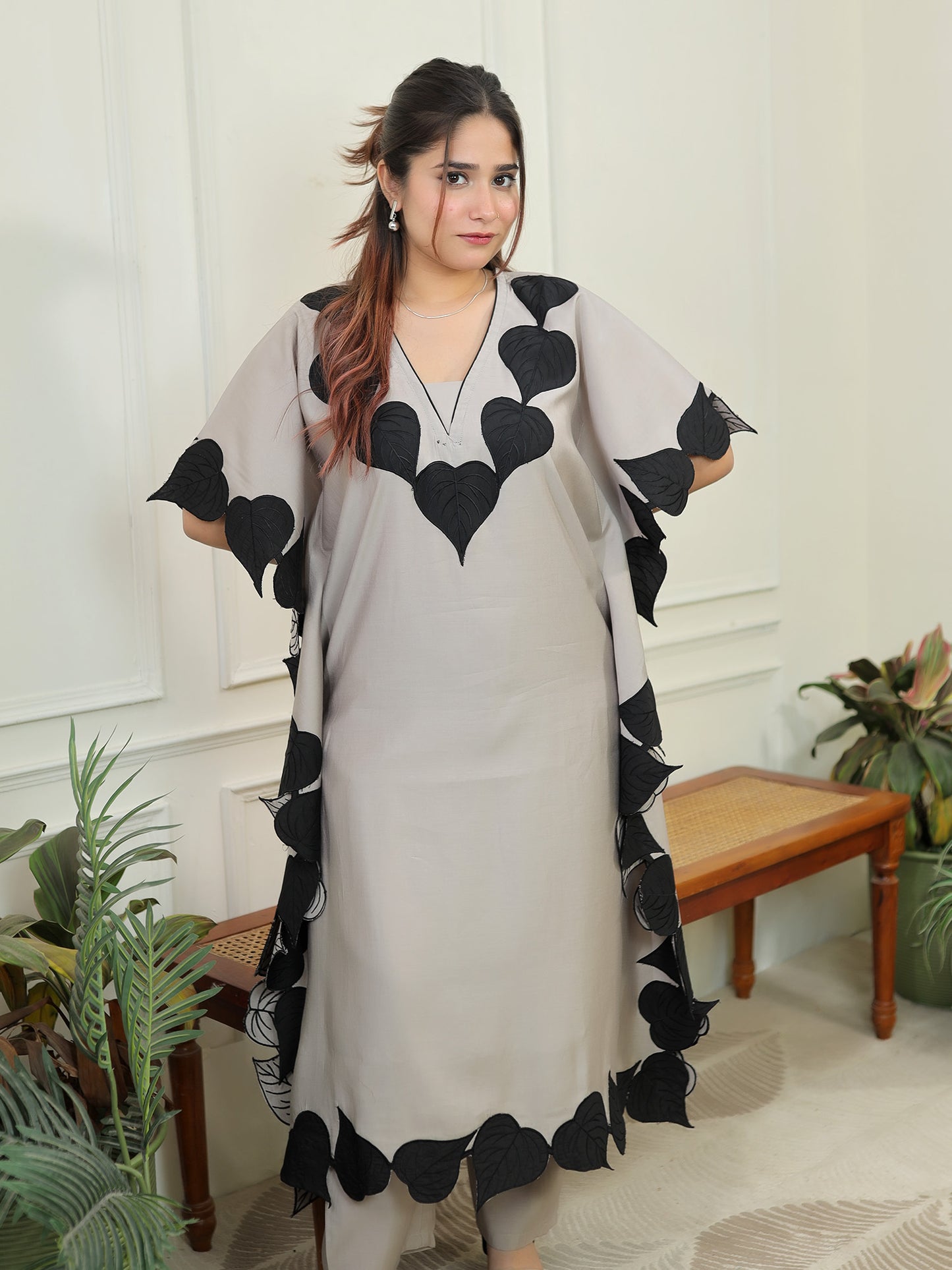 Grey leaf kaftan Set