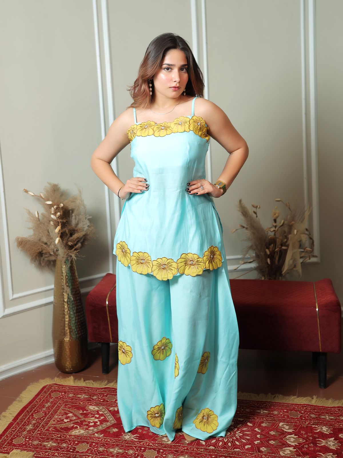 Powder Blue Yellow Flower