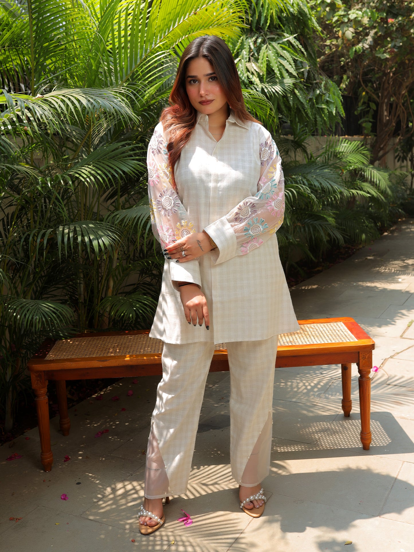 White Check floral Organza set