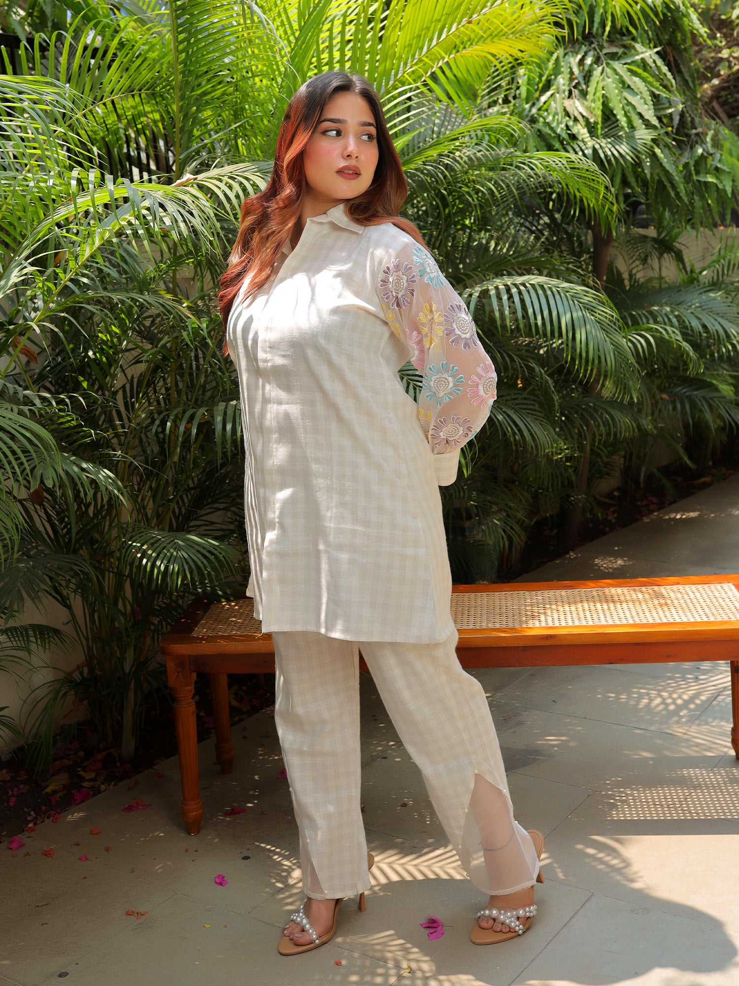 White Check floral Organza set