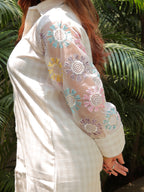 White Check Floral Organza Set