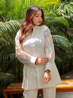 White Check Floral Organza Set